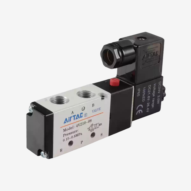 Пневматический соленоидный клапан Airtac 4V110-M5 5/2-ходовой с внутренним пилотным управлением, портом с резьбой M5, степенью защиты IP65, рабочим давлением 0,15-0,8 МПа, испытательным давлением 1,2 МПа, не требует смазки